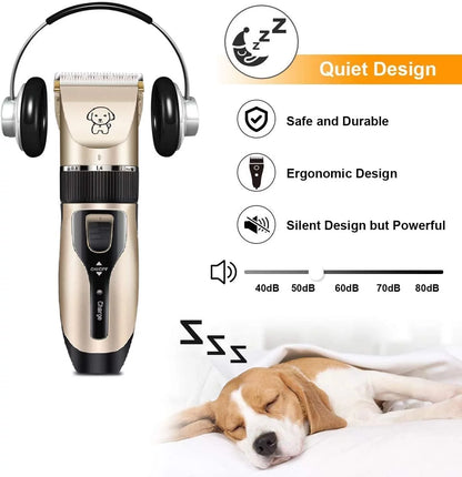 Rechargeable Cordless Pet Grooming Clippers with Low Noise Technology and Scissor Comb for Dogs and Cats